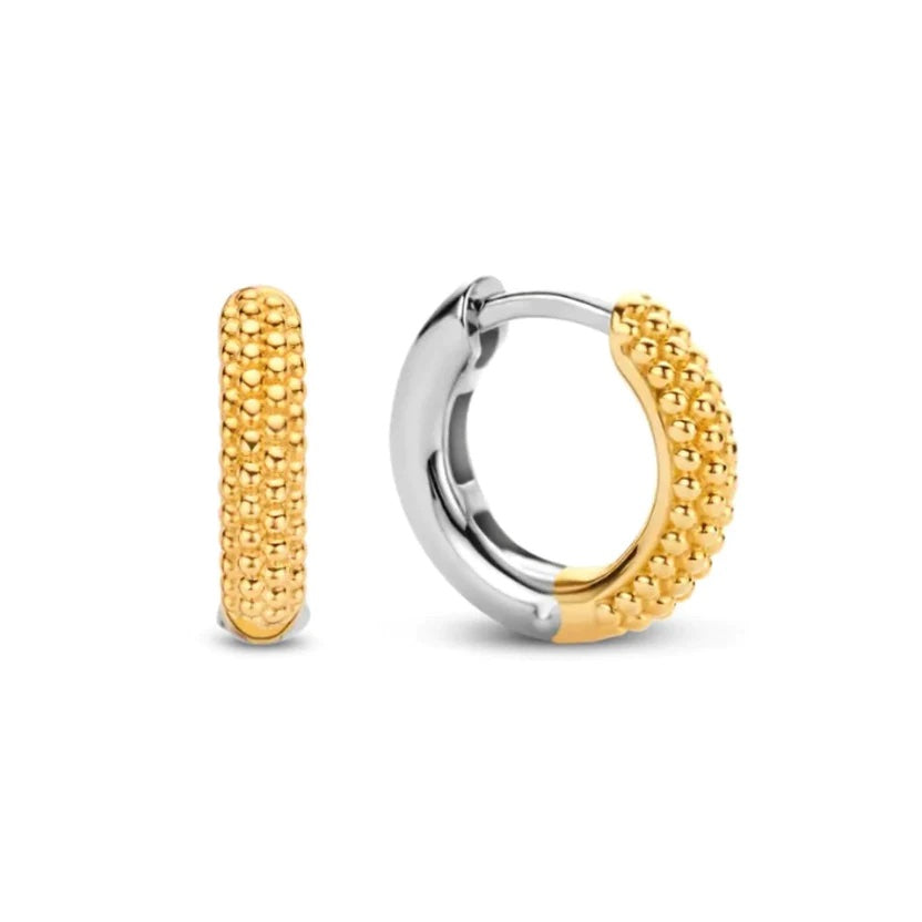 a pair of gold and silver women's hoop earrings