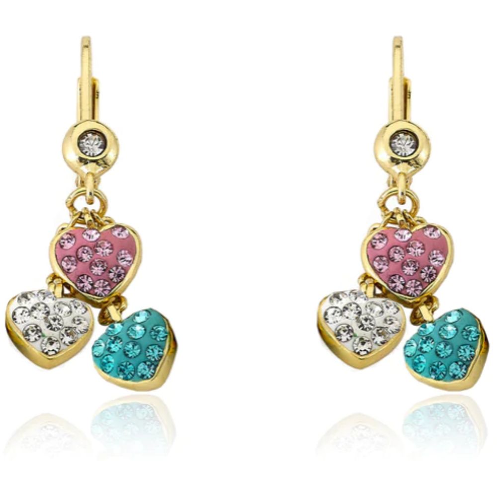 Pink, Blue, and White Crystal Hearts Dangle Earrings by Twin Stars
